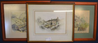 2 framed sketches in crayon & a framed watercolour of stone cottages