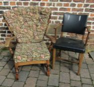 Wooden winged spindle backed armchair with cushions and oak framed arm chair