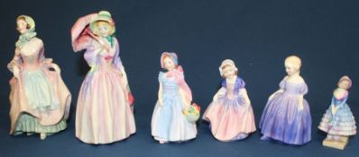 6 Royal Doulton figurines: Miss Demure HN1402, Wendy HN2109, Marie HN1387, Dinky Do HN1678,