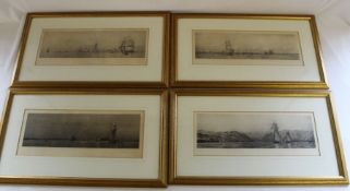 Four gilt framed Harold Wyllie (1880-1975) etchings with aquatint, (details verso) "Waterside Town