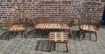 Ercol spindle back sofa with 2 chairs & a footstool (water damage has caused the joins to expand)