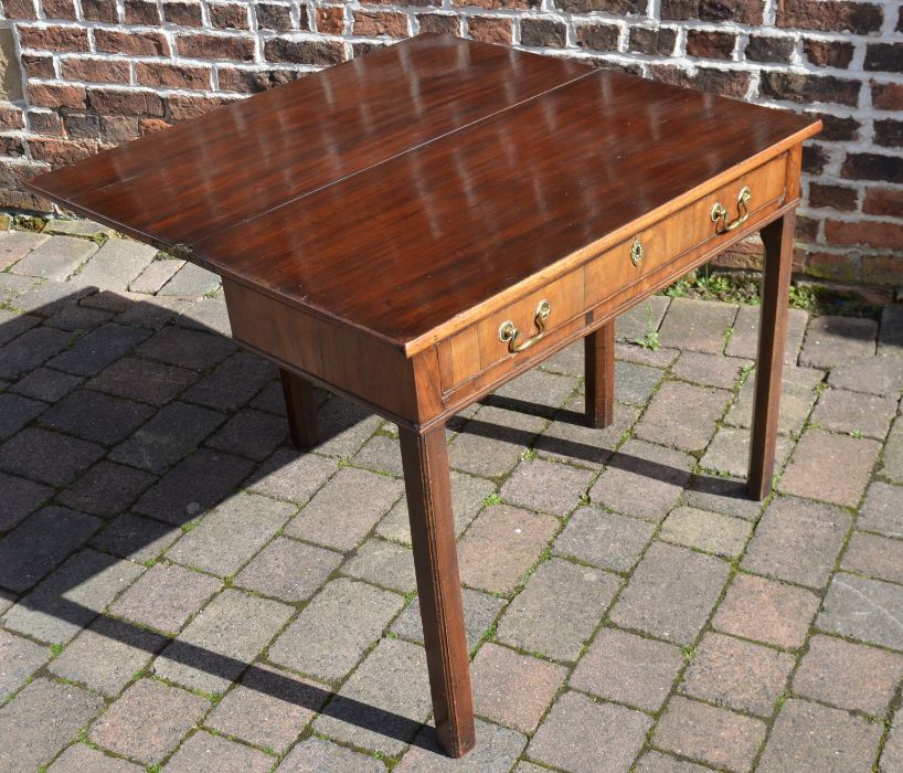 Georgian mahogany fold over tea table with under drawer with swan neck handles. Top opening to - Image 2 of 3