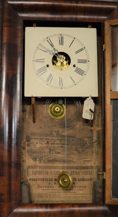 19th century American wall clock by J C Brown with wooden painted dial & an 8 day twin weight driven - Image 3 of 3