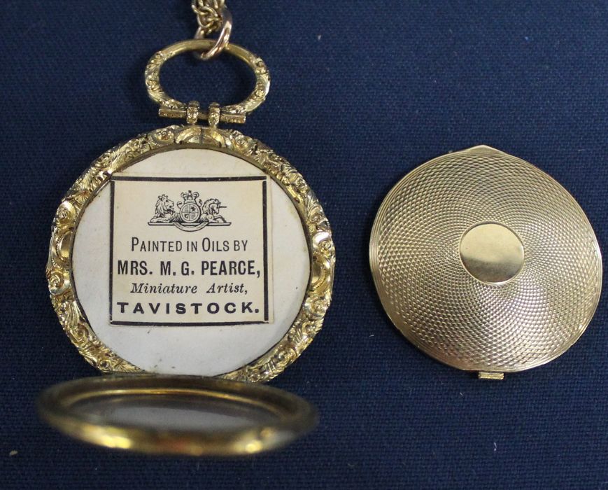 Pinchbeck locket on gold coloured chain containing miniature oil painting on ivorine panel depicting - Image 2 of 3