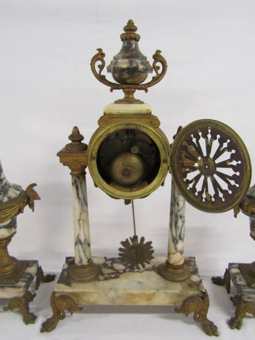 French 3 piece gilt metal & marble clock garniture - Image 4 of 4