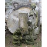 3 garden ornaments (1 damaged),1 marble and 2 concrete slabs