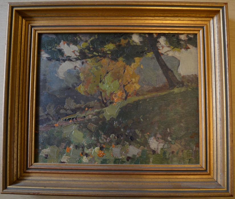 Small gilt framed oil on board of a wooded area in the manner of Herbert Rollett (Grimsby artist - Image 2 of 2