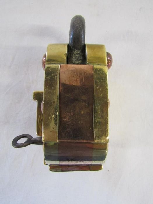 Vintage hand crafted heavy brass and copper padlock with key and hidden release - P.L.N 1649 - Image 4 of 8