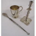 Small silver cup Mappin and Webb 1932 approx. 2.9ozt, silver handled boot hook and white metal