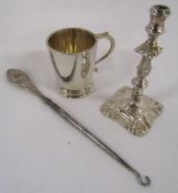 Small silver cup Mappin and Webb 1932 approx. 2.9ozt, silver handled boot hook and white metal