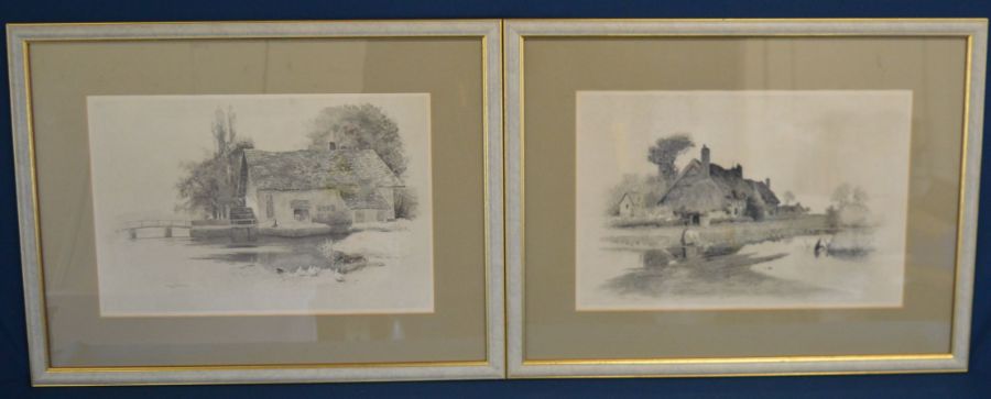 Watercolour of a village scene & 2 monochrome prints of cottages (54cm by 42cm) - Image 2 of 2