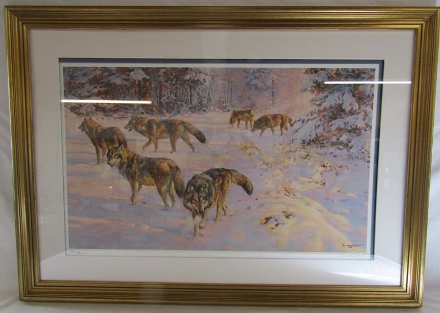 David Grant pencil signed limited edition 19/56 print depicting a pack of wolves - approx. 111.5cm x - Image 2 of 6