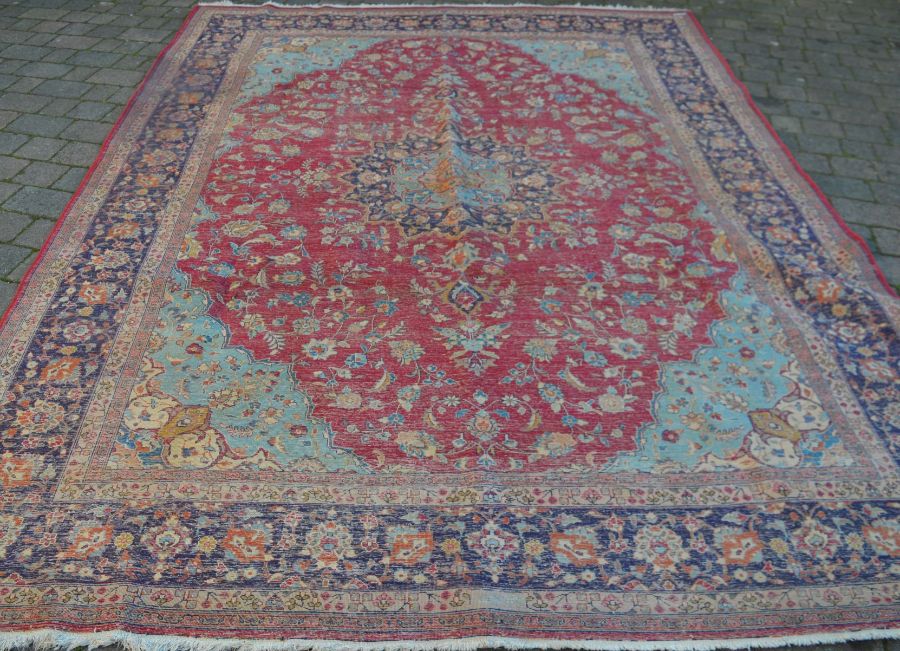 Rich red ground Persian Tabriz carpet with floral medallion & blue border 346cm by 259cm - Image 4 of 5