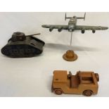 Trench art wooden WWII plane, tank and jeep