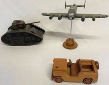 Trench art wooden WWII plane, tank and jeep