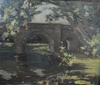 Framed oil on board of Newsham Bridge, Brocklesby Estate signed Rollett (Herbert Rollett Grimsby