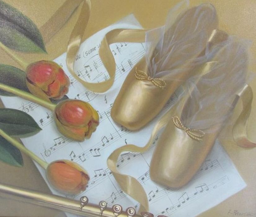 R Peterson oil on canvas with gilded frame depicting ballerina pointe shoes, flute, music and