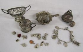Collection of small silver items total weight 2.8ozt and a silver charm bracelet with additional
