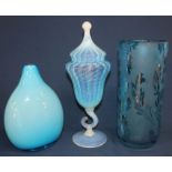 Turquoise milk glass type lidded vase, large Scandinavian style vase & etched glass cylindrical