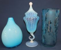 Turquoise milk glass type lidded vase, large Scandinavian style vase & etched glass cylindrical