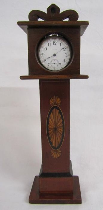 Silver Waltham pocket watch and  grandfather clock pocket watch stand with marquetry - approx.