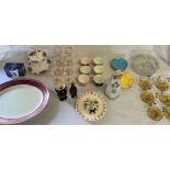 Selection of glassware and ceramics, including multicoloured tea set, Nao figure, etc