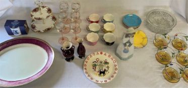 Selection of glassware and ceramics, including multicoloured tea set, Nao figure, etc