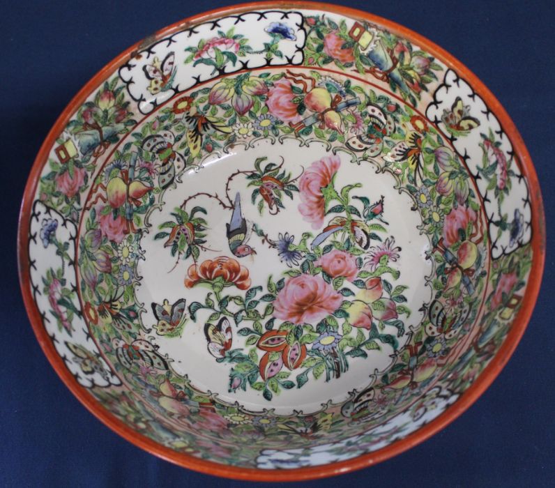 Cantonese porcelain bowl decorated with birds & flowers 10" dia