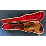 Full size violin (59cm full length), one piece back, without strings, with bow and case