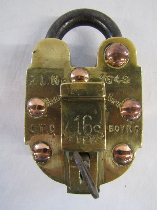 Vintage hand crafted heavy brass and copper padlock with key and hidden release - P.L.N 1649
