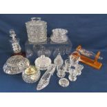 Collection of crystal and glass including lidded jars, glass ships in bottles, posy holder, shoe