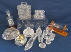 Collection of crystal and glass including lidded jars, glass ships in bottles, posy holder, shoe