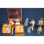A group of Chinese mud men figures & 3 cased tea sets