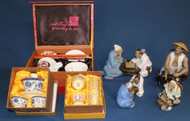 A group of Chinese mud men figures & 3 cased tea sets