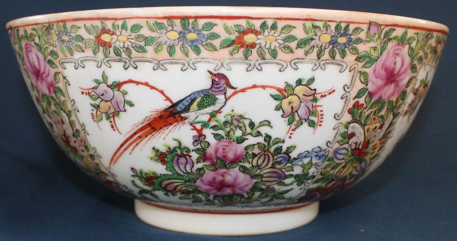 Cantonese porcelain bowl decorated with birds & flowers with six character mark to base, 30cm dia.