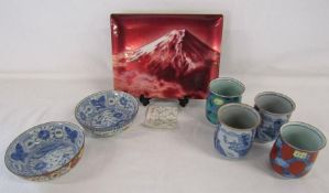 Cloisonné Tutanka plate, Oriental bowls, Arita Yunomi tea cups and possibly 2 other Yunomi tea cups