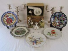Mixed selection includes silver plate candelabra, vintage Supreme hairdryer, selection of plates -