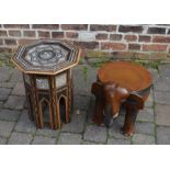 Eastern octagonal table with mother of pearl (some missing) and a wooden elephant stool