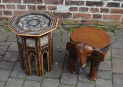 Eastern octagonal table with mother of pearl (some missing) and a wooden elephant stool