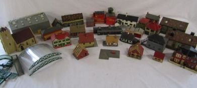 Collection of model railway scene buildings includes church, Tri-ang etc