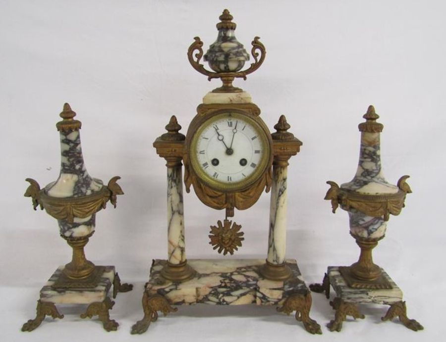 French 3 piece gilt metal & marble clock garniture