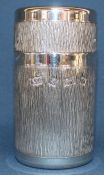 Silver cylindrical cigarette box with textured pattern, A T Cannon Birmingham 1974, 5.78ozt, 11cm