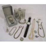 Costume jewellery includes Londain watch, chains, bangle and a pewter hip flask