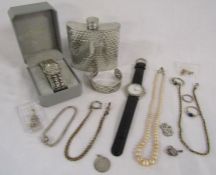 Costume jewellery includes Londain watch, chains, bangle and a pewter hip flask