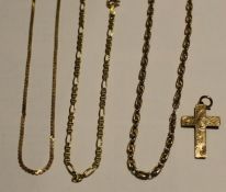 Three 9ct gold chains & 9ct gold cross 12.1g
