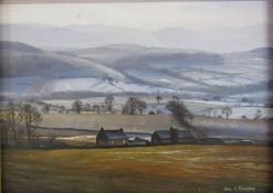 Alan R Thompson oil on board with part description to rear, depicting scenic view - approx. 27.5cm x