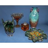 Amber glass cube cigarette lighter, amber glass tazza, glass glitter vase, green glass vase &