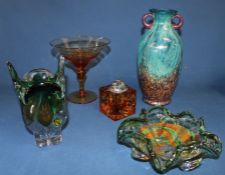 Amber glass cube cigarette lighter, amber glass tazza, glass glitter vase, green glass vase &