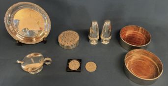 Selection of silver plate, including salt and pepper pots, coasters, etc and two commemorative crown