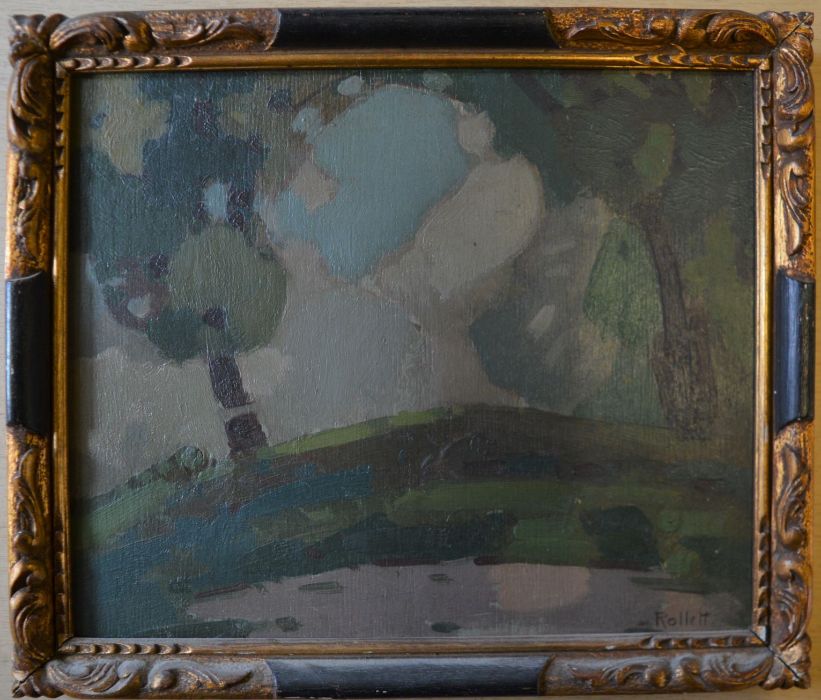 Small framed oil on board of a wooded knoll signed Rollett (Herbert Rollett 1870 - 1932 Grimsby - Image 2 of 3